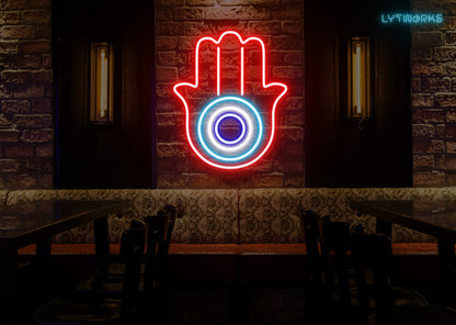 Neon Hamsa Hand and Evil Eye