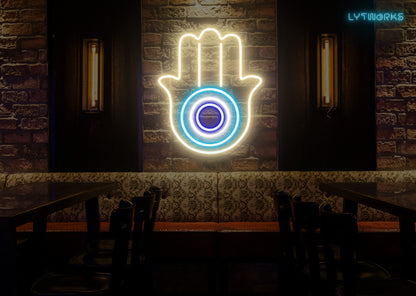 Neon Hamsa Hand and Evil Eye